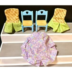 Fisher Price Loving Family furniture table cloth 2 chair covers & 2 chairs